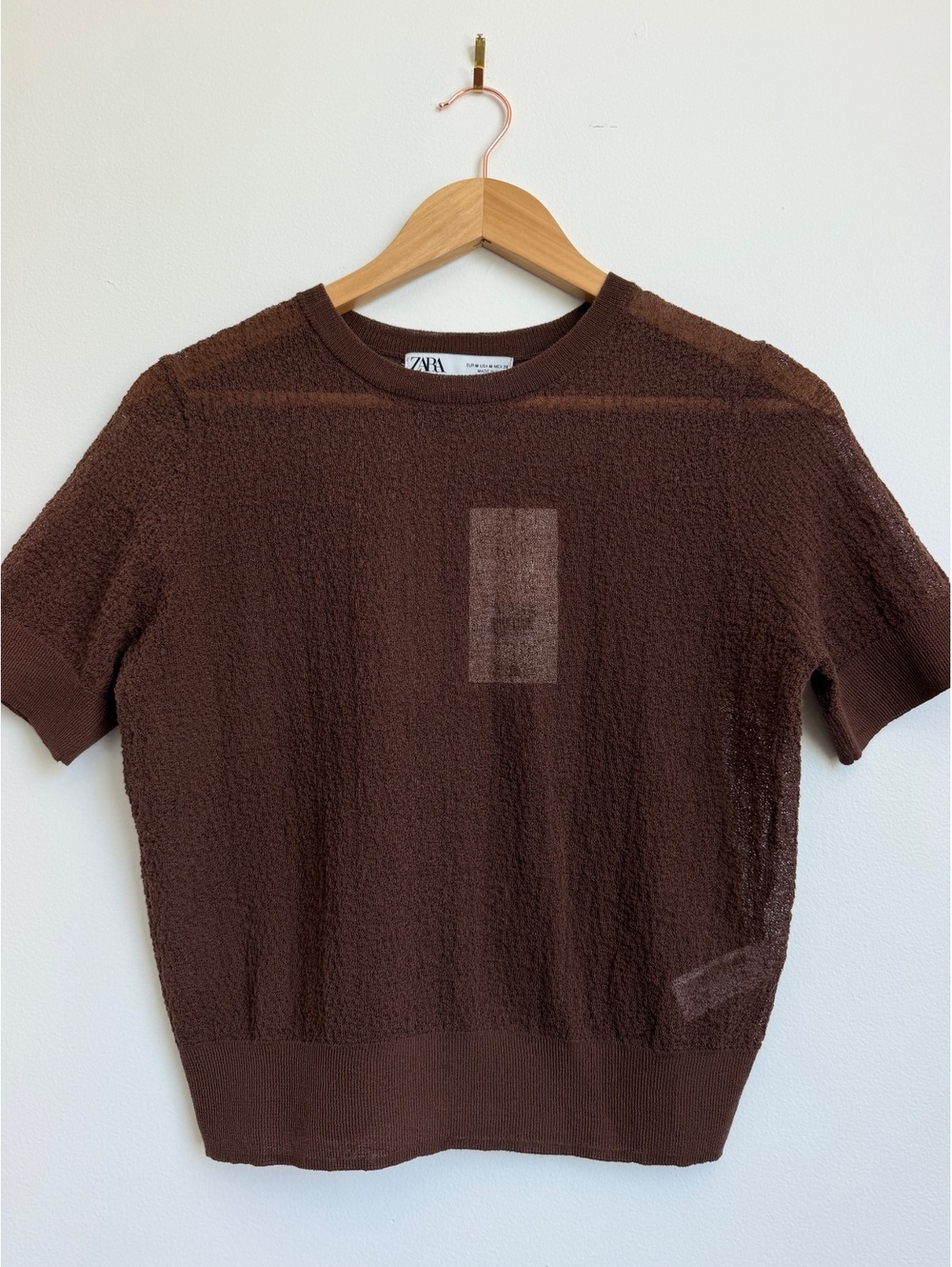 Zara Semi-Sheer Brown Textured Knit Top Size M NWT